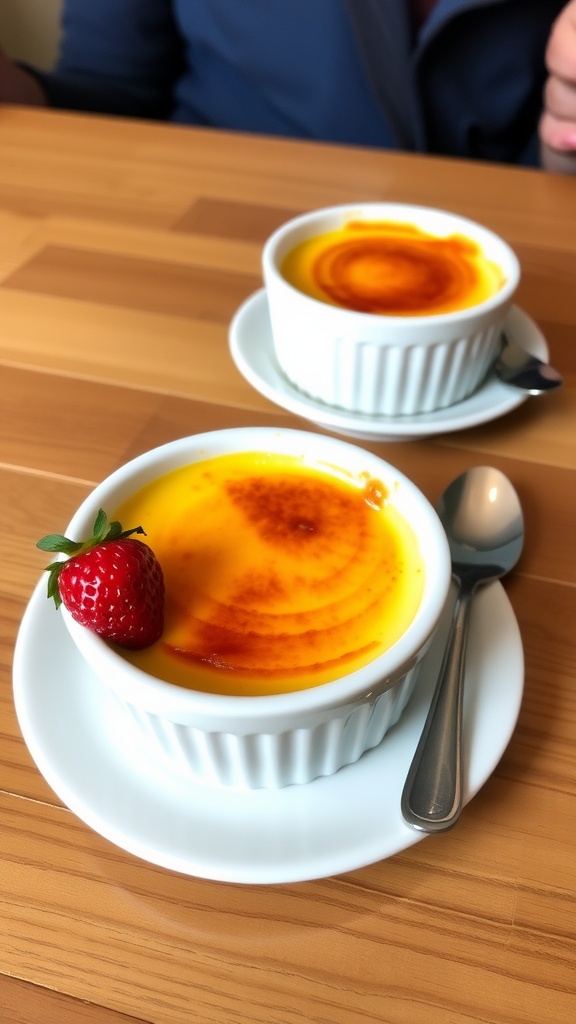 Keto crème brûlée in a ramekin with caramelized sugar crust and a berry garnish.